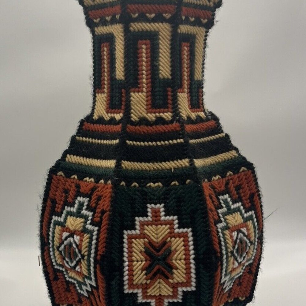 Vtg Plastic Canvas Vase Needle Point Cross Home Decor Granny Cottage Core